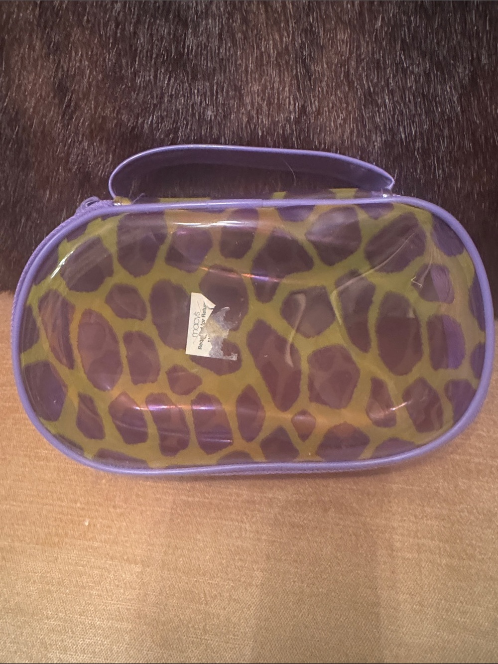 Clinique Clear Cosmetic Pouch with Purple Trim and Yellow Animal Print